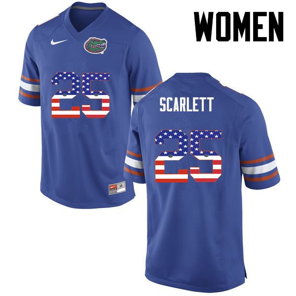 Women Florida Gators #25 Jordan Scarlett College Football USA Flag Fashion Jerseys-Blue - Click Image to Close